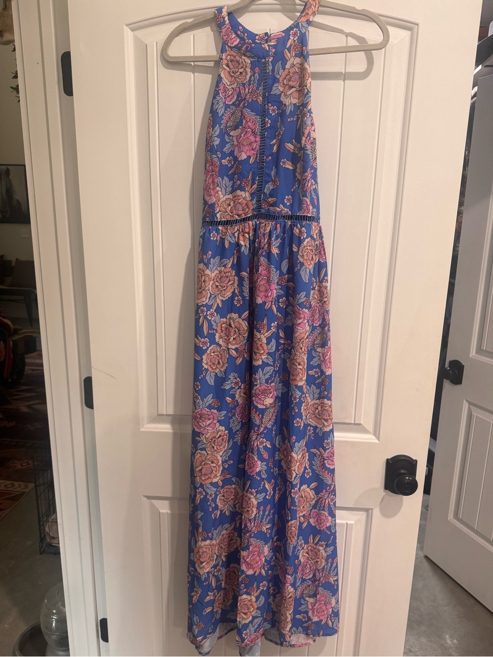 Blue Floral Halter Maxi Dress with Pink Roses